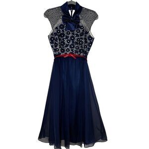 Ou Shi Ying Blue Silk Guipure Lace Beaded Fit & Flare Midi Dress Sz S Occasion